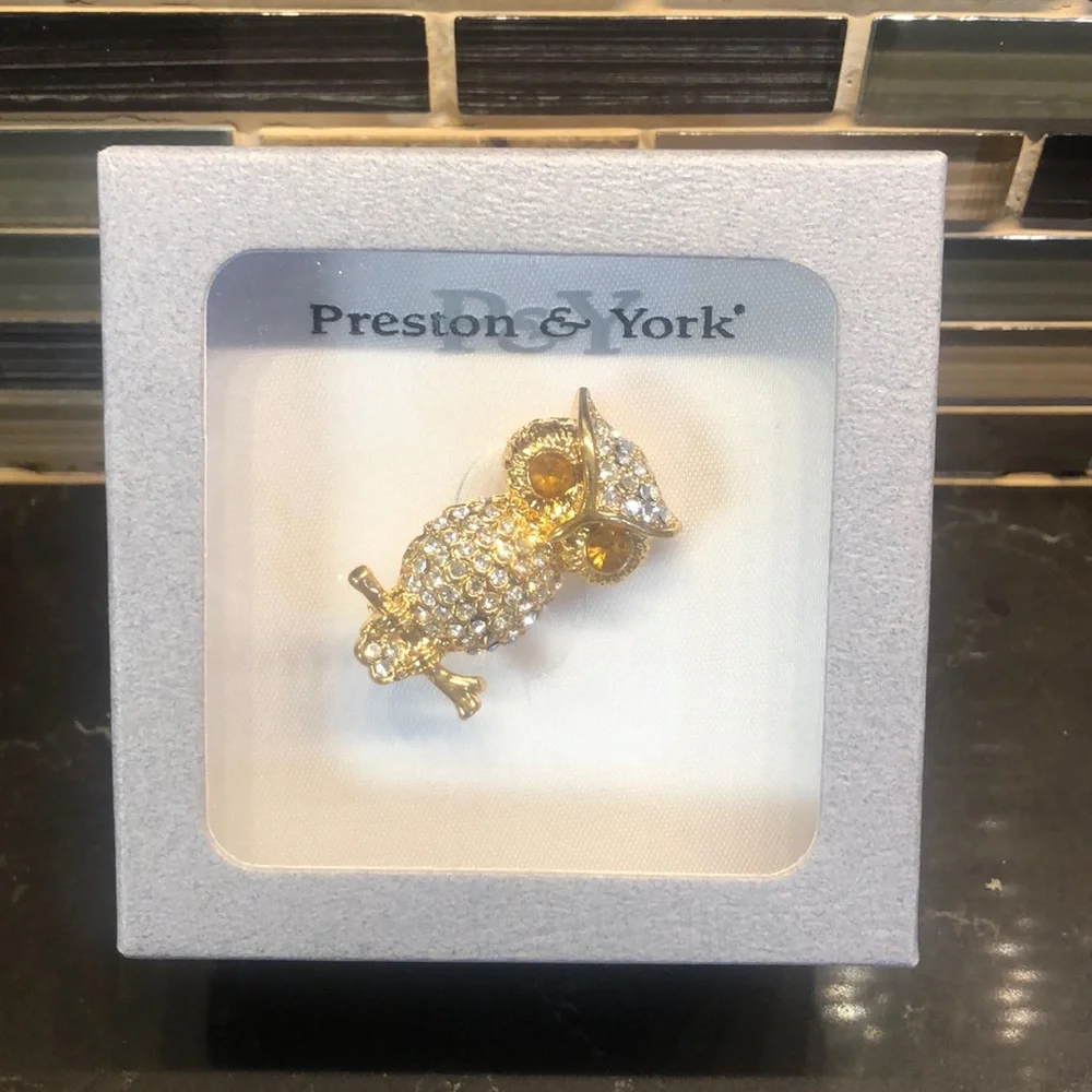 Preston‎ & York gold jeweled Owl brooch pin